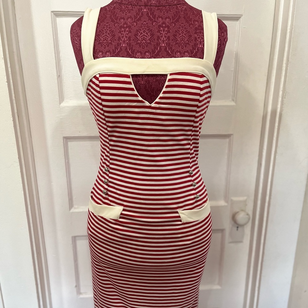 Bettie Page Red and Cream striped Midi dress. Size 6